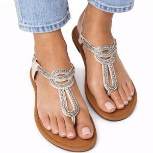 Forever 21 Women’s Sandals Size 6 Rhinestone T-Strap Flat Summer Shoes Pre Owned